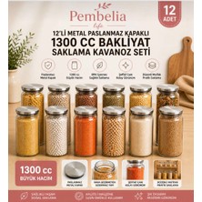Pembelia Life 12’li Metal Vakum Kapaklı Cam Kavanoz Seti Bakliyat Erzak Saklama Düzenleme Kabı Seti Etiket Hediyeli 12 Adet Bakliyat Erzak Saklama Seti