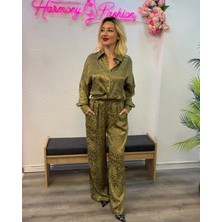 Harmony Fashion Yeşil Desenli Saten Gömlek & Pantolon Ikili Takım