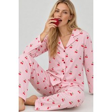 Kadın Kiraz Desenli Pötikare Pembe Pijama Takımı 4793