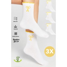 Bamboo Star Bambu Kadın Sarı Fırfırlı Tenis Kolej Fiyonk Desenli Premium Dikişsiz Beyaz Soket Çorap 3'lü Paket