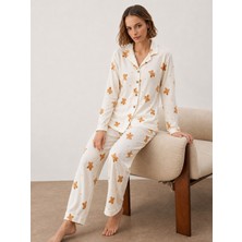 Kadın Gömlek Yakalı Uzun Kollu Beyaz Pijama Seti