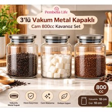 Pembelia Life 3’lü Metal Vakum Kapaklı Cam 800 cc Çay Şeker Kahve Bakliyat Erzak Saklama Kavanoz Seti Baharatlık Takımı