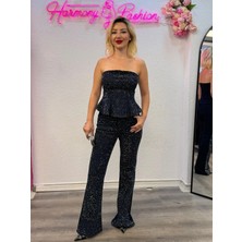 Harmony Fashion Taş Detaylı Straplez Denim Ikili Takım