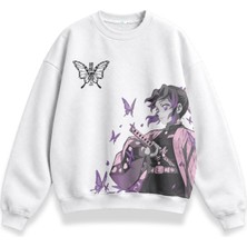 Fuddy Moda Unisex Oversize Shinobu Kocho Ense Baskılı Demon Slayer Anime Temalı Kapüşonsuz Sweatshirt