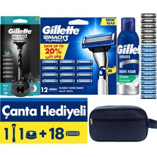 Gillette Mach3 Charcoal 1 Makine + 18 Başlık (6 Charcoal + 12 Mach3 Turbo) + Stand + 200 ml Köpük, Çanta Hediyeli Tıraş Seti