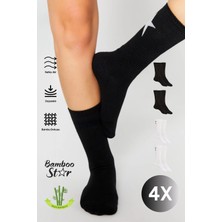 Bamboo Star Bambu Kadın Siyah-Beyaz Tenis Kolej Yıldız Desenli Premium Dikişsiz Soket Çorap 4'lü Asorti Paket