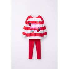 Magu Kız Çocuk Pamuklu Çilek Baskılı Kırmızı Çizgili Sweatshirt ve Tayt Takımı