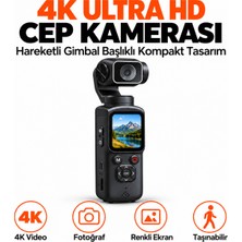Ayers 4K Ultra Hd Pocket Gimbal Kamera, Renkli Ekranlı Taşınabilir Cep ve Vlog Kamerası, Fotoğraf Video Çekimli, Hafıza Kartı ve USB Destekli Mini Aksiyon Kamerası