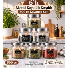 Pembelia Life 6’lı Metal Vakum Kapaklı Cam Kaşıklı 500 cc Baharatlık Saklama Kabı Baharatlık Takımı Çay Şeker Tuz Kahve Kavanoz Set