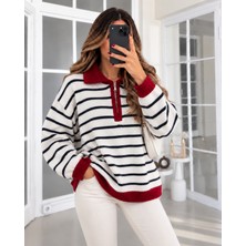 Fiori Kadın Çizgili Polo Yaka Yarım Fermuarlı Oversize Triko Kazak Detaylı