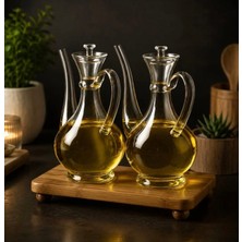 Pembelia Life Bambu Standlı Borosilikat Cam Lüx Yağlık Seti 3 Parça Ayçiçek Yağı Zeytinyağ Şişesi Çeyizlik Yağdanlık Takımı