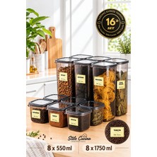Stile Cucina Etiket Hediyeli Kare Erzak Saklama Kabı 16'lı Set 8x(0,55 Litre, 1,75 Litre)
