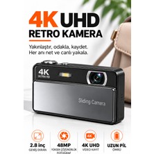 Ayers 4K UHD Dijital Fotoğraf Makinesi, 48 Mp Kompakt Retro Vlog Kamera, 2,8 Inç Ekran, Kızaklı Lens Koruma Kapağı, Flaş, 1050 Mah Batarya ve 64 GB Microsd Kart Dahil