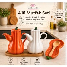 Pembelia Life 4’lü Mutfak Düzen Seti Bambu Standlı 2’li Porselen Bal Kabak Model 1000 ml Yağdanlık Yağlık Set Porselen Kaşık Altlığı