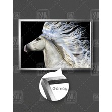SML Tablo Rüzgarda Saçları Uçuşan Beyaz Asil At Hayvan Yatay Çerçeveli Kanvas Tablo