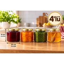 380 ml Altıgen Cam Kavanoz 4’lü Set – Gold Kapaklı Reçel & Bal Kavanozu