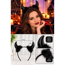 Toyfest Cadılar Bayramı Halloween Şeytan Boynuzu Taç Siyah Tüylü Devil Horn Kostüm Cosplay Saç Aksesuarı