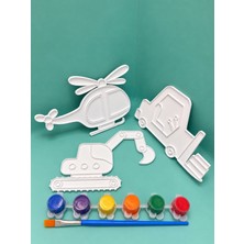 Çocuklar Için 3D Boyama Seti – Iş Makineleri | Ekskavatör, Helikopter ve Araç Figürleri – 6 Renk Boya + Fırça