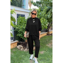 Trend Metkar Kadın Uzun Kollu Yarasa Kollu Bisiklet Yakalı Viskon Iki Iplik Bluz ve Pantolon Ikili Takım