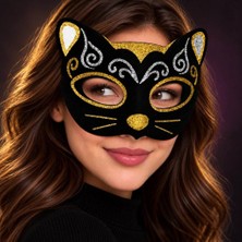 Str Store Kadife Dokulu Sim Detaylı Işıltılı Kedi Maskesi Altın Gümüş 20X13 cm