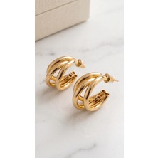 Lune Design Gold Renk Üçlü Sarmal Geçişli Kalın Çelik Halka Küpe