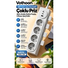 Str Store Vothoon 4’lü Akıllı Priz Tek Dokunuşla Fiş Çıkarma 2 Metre Kablo 2 Type-C + USB 15W Hızlı Şarj 3680W Krem