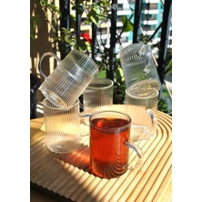 TUX 6'lı Borosılıkat Cam Bardak Çizgili Kulplu Çay Kahve Bardağı Isıya Dayanıklı KUPA-200 ml