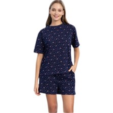 fiyakamstore Aydoğan Kadın %100 Pamuk  Desenli Büyük Beden Lacivert  Kısa Kollu Şortlu  Pijama Takımı