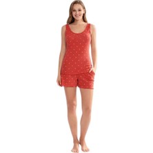 fiyakamstore Aydoğan Kadın %95 Viskon %5 Esnek Kalın Askılı Şortlu Puantiyeli Kırmızı Kiremit  Pijama Takımı
