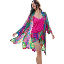 fiyakamstore Kadın Yazlık Şortlu Sabahlıklı 3'lü Takım 80025 Pembe