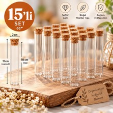 İTHAL 25 cc Şeffaf Cam Tüp Numune Şişesi (10 Cm) 15'li – Mantar Tıpalı Organizasyon Şişesi