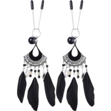 Str Store Ayarlanabilir Sertlik Dereceli Fantezi Göğüs Ucu Klipsi Gizli Paket (Siyah Kuş Tüylü Zilli Göğüs Ucu Klipsi Nipple Clamps)