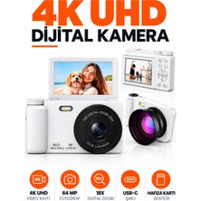 Ayers 4K UHD 64 Mp Dijital Fotoğraf Makinesi, Dönebilir Flip Ekranlı Vlog Kamera, 18X Dijital Zoom, Flaş, Usb-C Şarj ve Hafıza Kartı Desteği