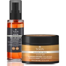 Keratin ve Hyaluronik Asit Içeren Vegan Saç Bakım Kompleksi, Durulanmayan Saç Serumu ve Onarıcı Maske Seti