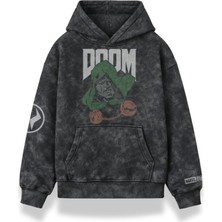 Fuddy Moda Unisex Doctor Doom Kol Baskılı Kapüşonlu Yıkamalı Sweatshirt, Oversize Film Temalı Retro Hoodie
