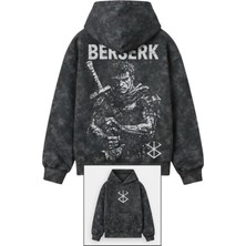 Fuddy Moda Oversize Berserk Guts Sırt Baskılı Kapüşonlu Yıkamalı Sweatshirt, Unisex Anime Temalı Retro Hoodie