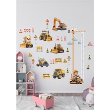 Toptan Budur Iş Makinası Temalı Boy Ölçerli Duvar Sticker Seti; Mat, Sökülebilir, Çocuk Odası Dekoru