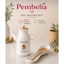 Pembelia Life 2’li Mutfak Seti Ayçiçek Etiketli Porselen 1000 ml Yağdanlık ve Porselen Kaşık Altlığı Çeyizlik Set