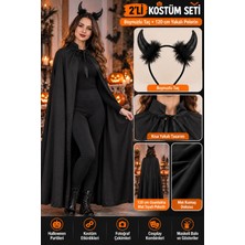 Toyfest Cadılar Bayramı Şeytan Kostüm Seti Siyah Boynuzlu Taç ve 120 cm Yakalı Mat Pelerin Halloween Cosplay