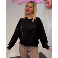 Harmony Fashion Kadın Siyah Gold Düğme Detaylı Sweatshirt