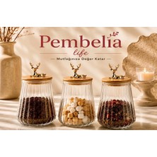 Pembelia Life 3’lü Bambu Vakum Kapaklı Cam Geyik Detaylı Çay Şeker Tuz Kahve Kavanoz Seti