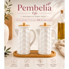 Pembelia Life Bambu Standlı 2’li Porselen 1000 ml Yağdanlık Seti 3 Parça Yağlık Seti