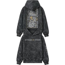 Fuddy Moda Unisex Oversize Attack On Titan Sırt ve Kol Baskılı Kapüşonlu Yıkamalı Anime Sweatshirt