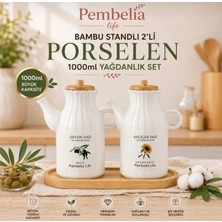 Pembelia Life Bambu Standlı 2’li 1000 ml Porselen Yağdanlık Seti Ayçiçek Zeytinyağ Şişesi