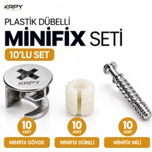 Krpy Plastik Dübelli Minifix Seti 10’lu Set – 10 Adet Minifix Gövde + 10 Adet Plastik Dübel + 10 Adet Minifix Mili – Mobilya Dolap Montaj Bağlantı Seti