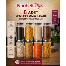 Pembelia Life 8 Adet 1300CC Metal Vakum Kapaklı Cam Bakliyat Erzak Baharat Saklama Kavanoz Seti