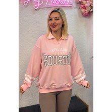 Harmony Fashion Kadın Pembe Houston Baskılı Polo Yaka Sweatshirt