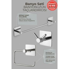 Banyom Home Yapışkanlı 3'lü Paslanmaz Pirinç Krom Banyo Aksesuar Seti - Havluluk, Tuvalet Kağıtlık ve Askılık Takımı