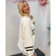 Harmony Fashion Kadın Ekru Houston Baskılı Polo Yaka Sweatshirt