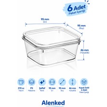 Alenked Kapaklı Kare Tatlı Kabı 270 cc Şeffaf Plastik Sunum Kabı - 6 Adet